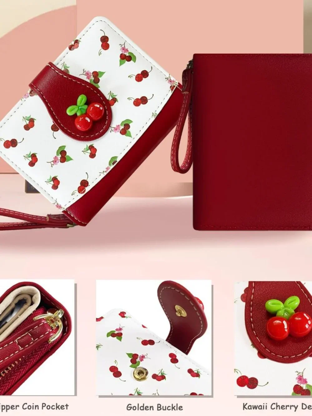 NEW Fruit Cherry‎ Print Wallet Card Slots Small Wallet w Zipper Coin Pouch